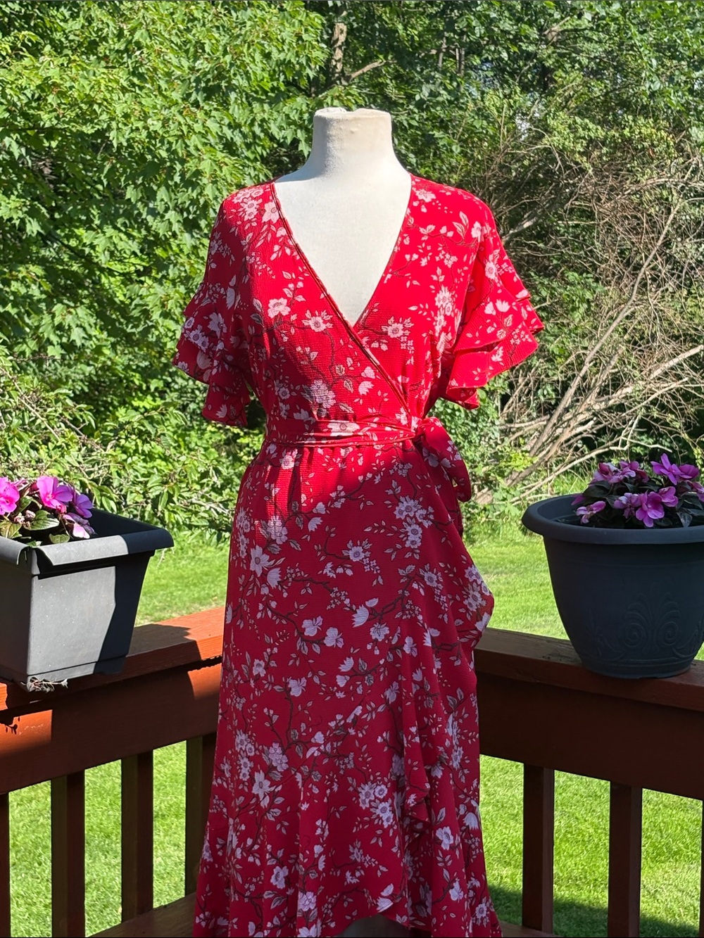NWOT Max Studio Red, Cream, Pink & Brown wrap dress. Absolutely no flaws.